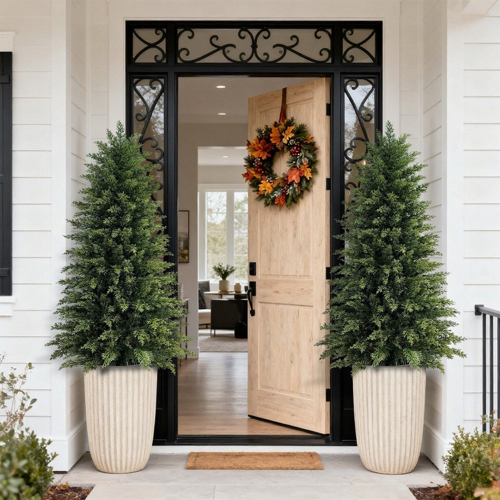 Artificial cedar trees for front porch decor