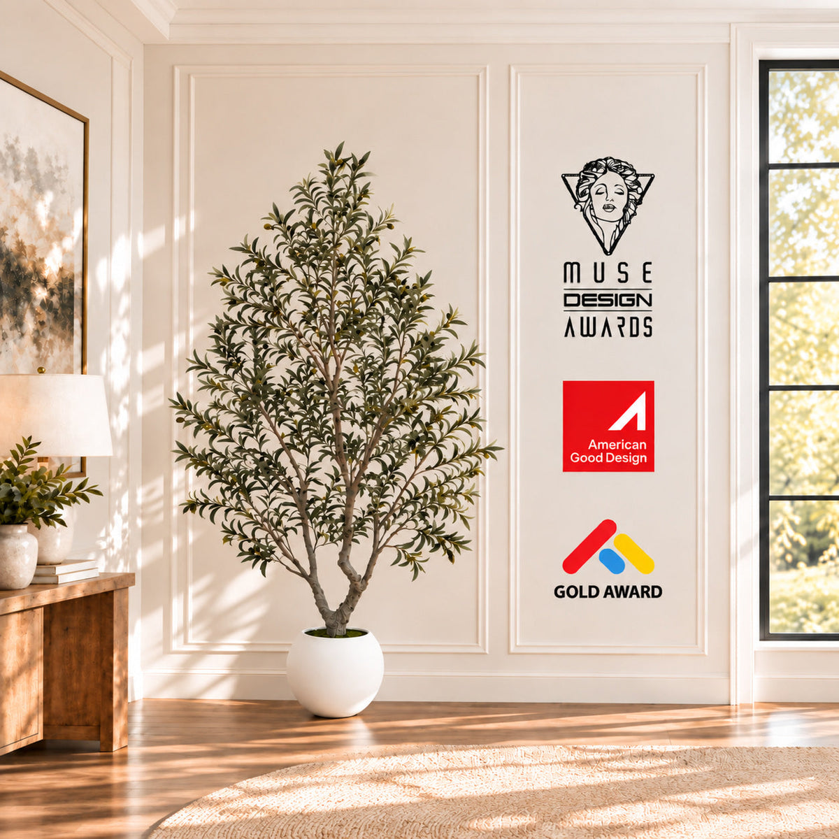 Award-winning artificial olive tree displayed in an elegant interior space