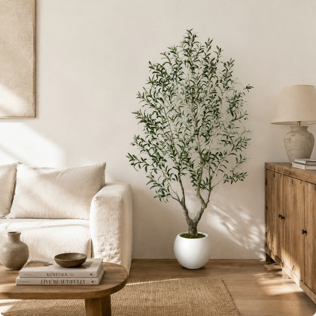 Tall artificial olive tree in round white planter, placed beside neutral beige sofa in bright modern living room