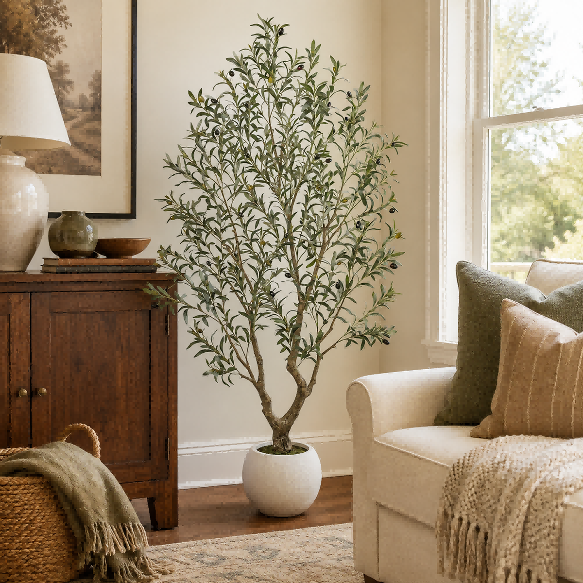 Summer to fall home decor with an artificial olive tree in a warm neutral living room