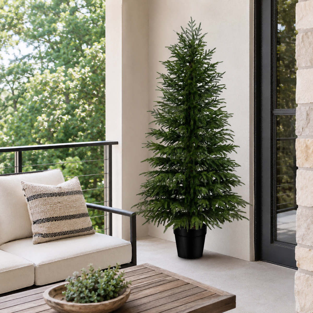 Artificial cedar trees styled for year-round home decor