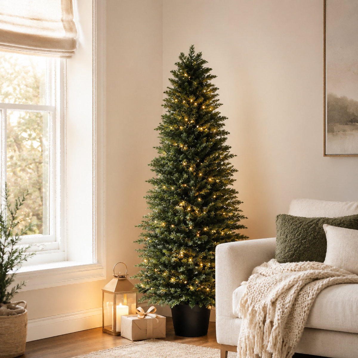 Christmas decorating ideas for empty corners with a slim artificial cypress tree and warm lights