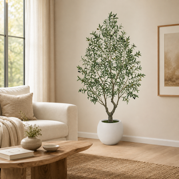 Realistic artificial olive tree in a modern organic living room with cream sofa and natural home decor