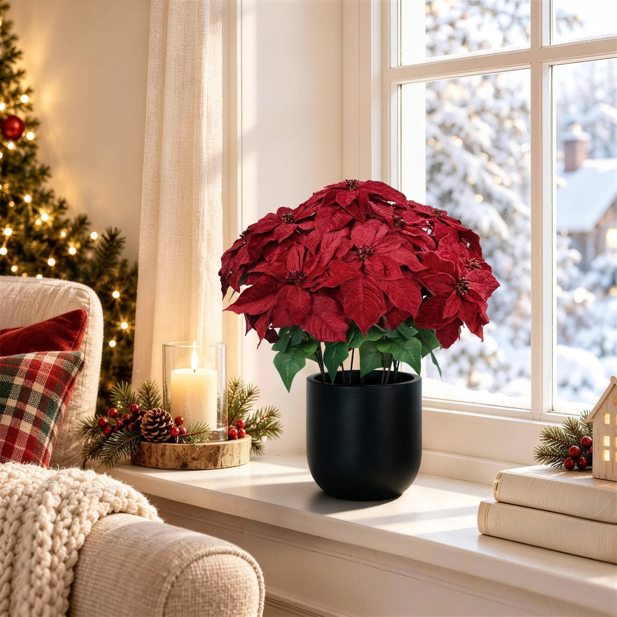 Poinsettia Christmas window decor