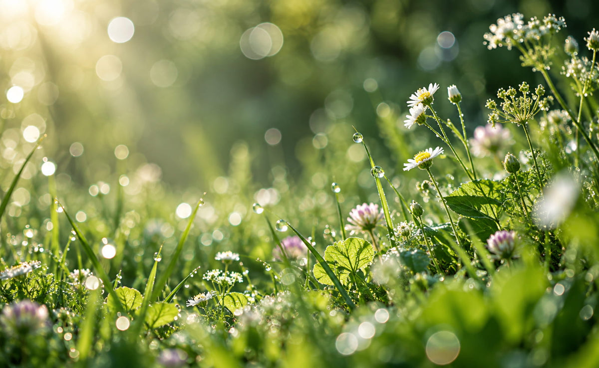 Wildflowers and green grass with morning dew in soft sunlight.