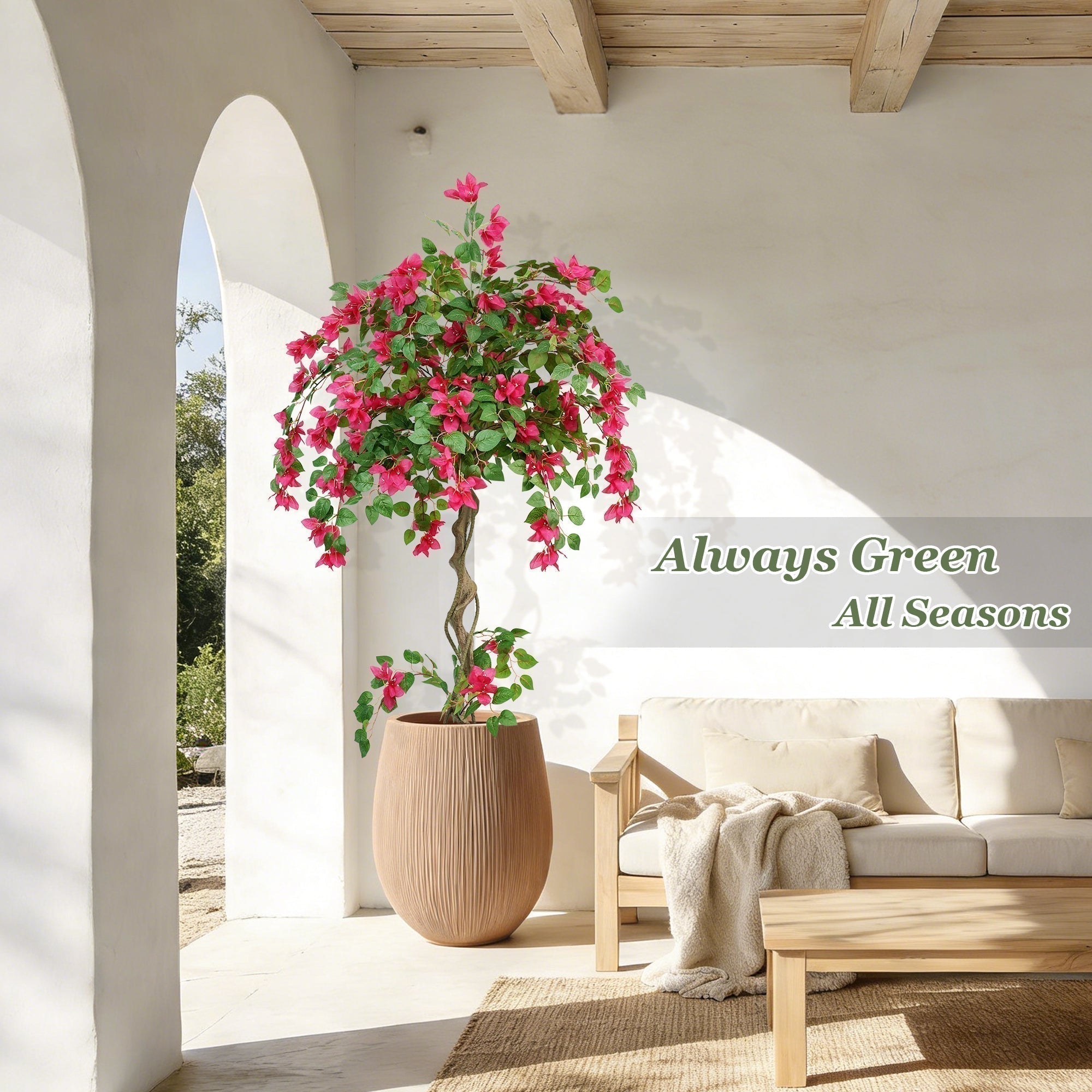 Realistic artificial bougainvillea tree with pink flowers adding spring style to a modern home interior