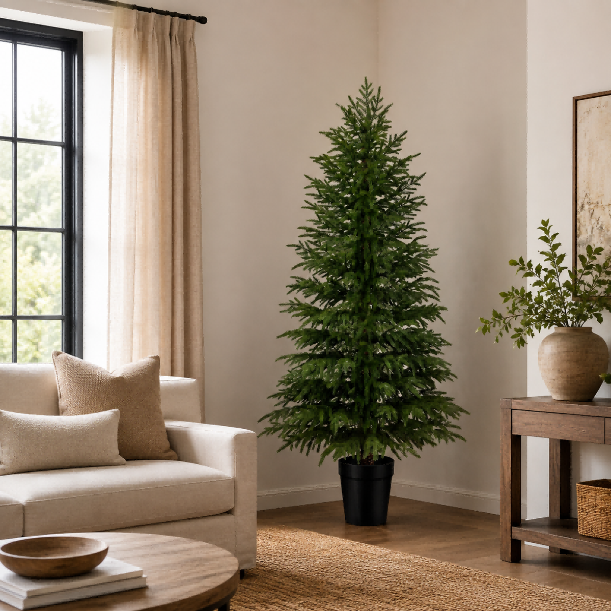 Artificial cedar tree styled in a warm neutral home interior for timeless year-round decor