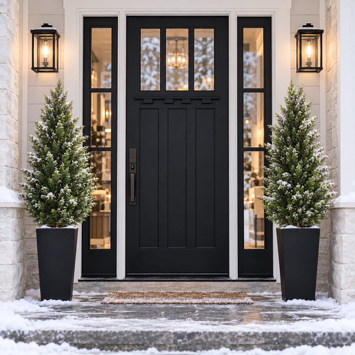 Artificial cedar trees on a snowy winter front porch