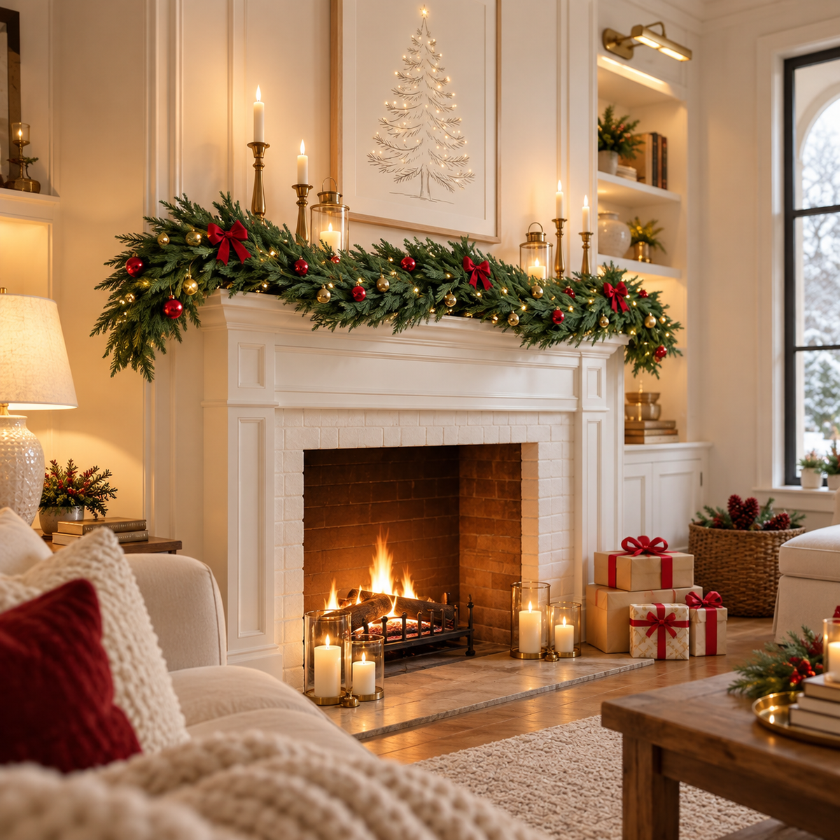 Artificial Christmas greenery on fireplace mantel