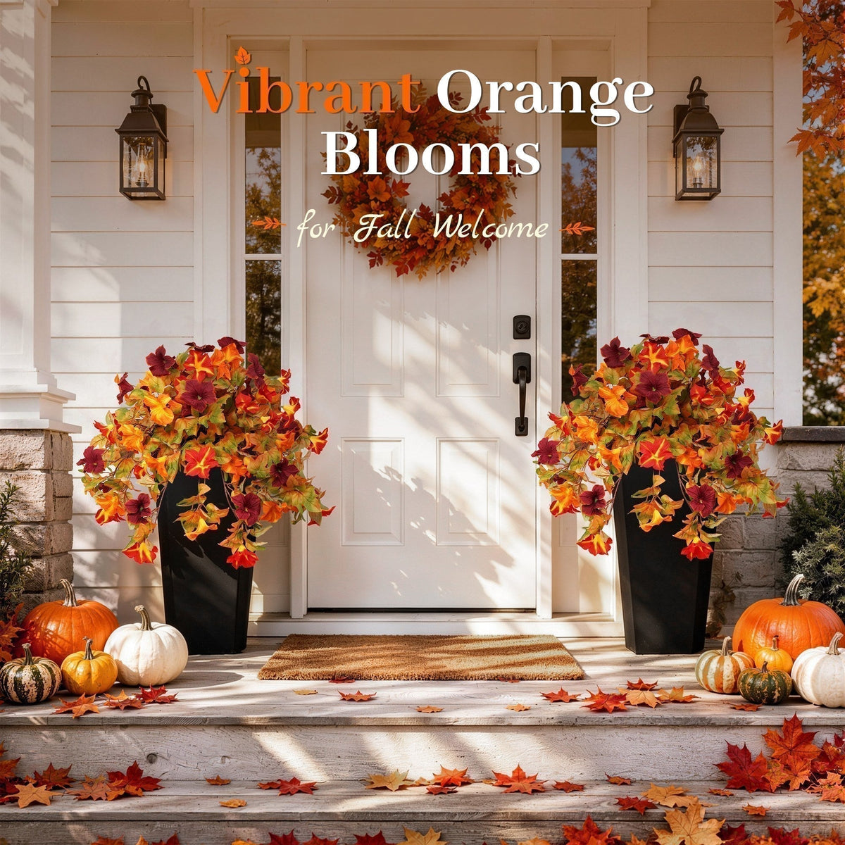 Artificial fall morning glory plants decorating a cozy front porch with pumpkins and autumn wreath