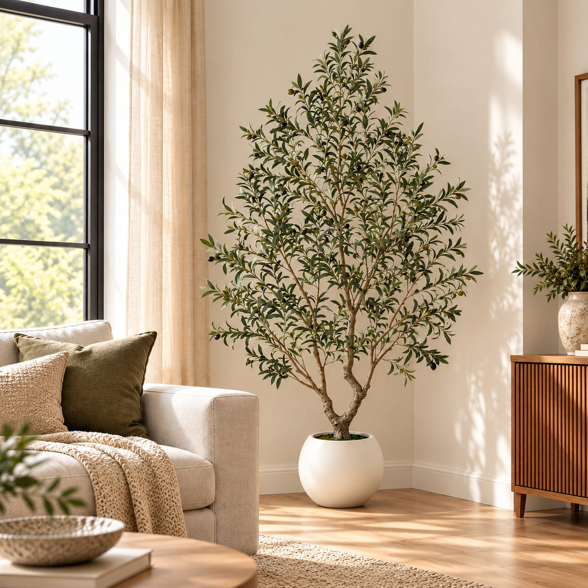 Tall artificial olive tree in a bright living room