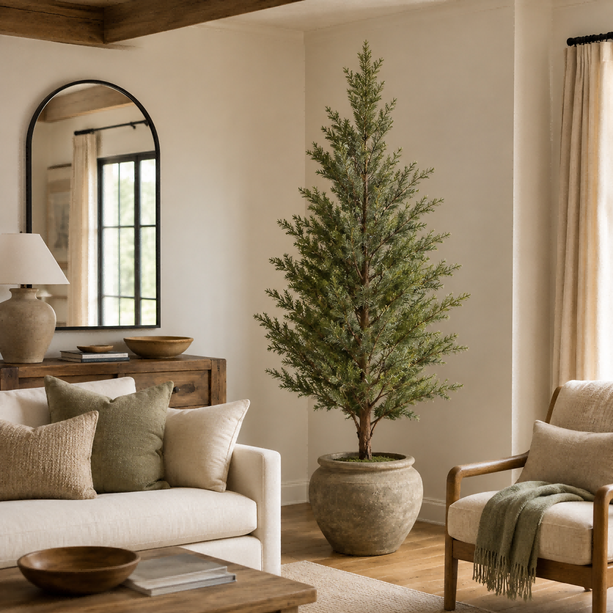 Tall realistic artificial cedar tree in textured stone planter, placed in cozy neutral‑tone farmhouse living room