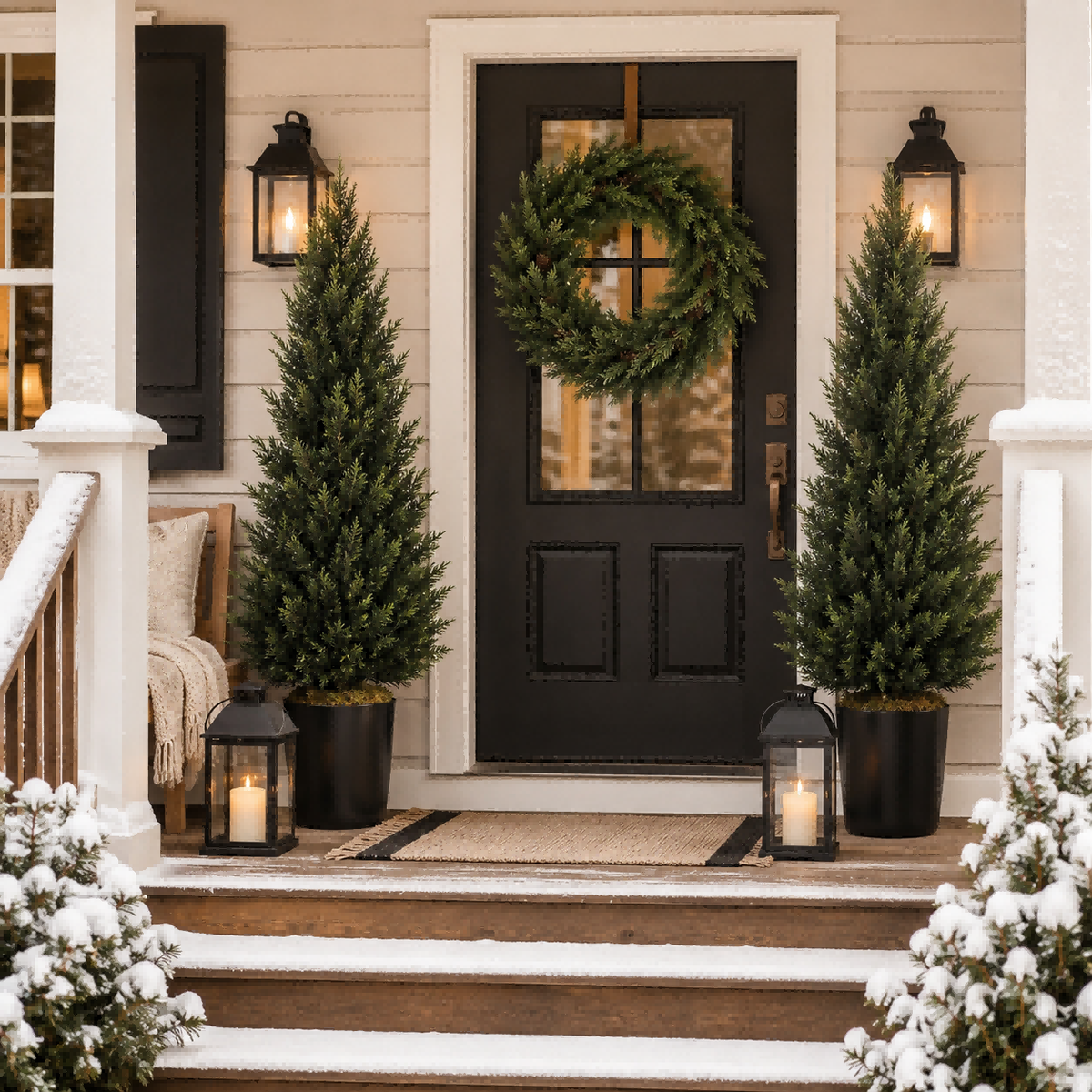 Artificial cedar trees framing a black front door on a cozy American winter porch with evergreen wreaths, warm lanterns, neutral decor, and light snow.