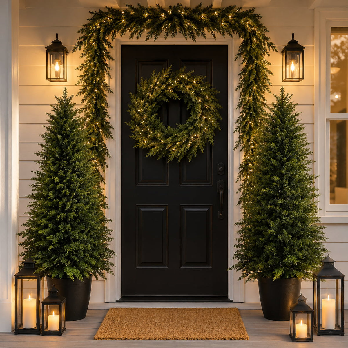 Christmas front porch with artificial greenery and cedar trees