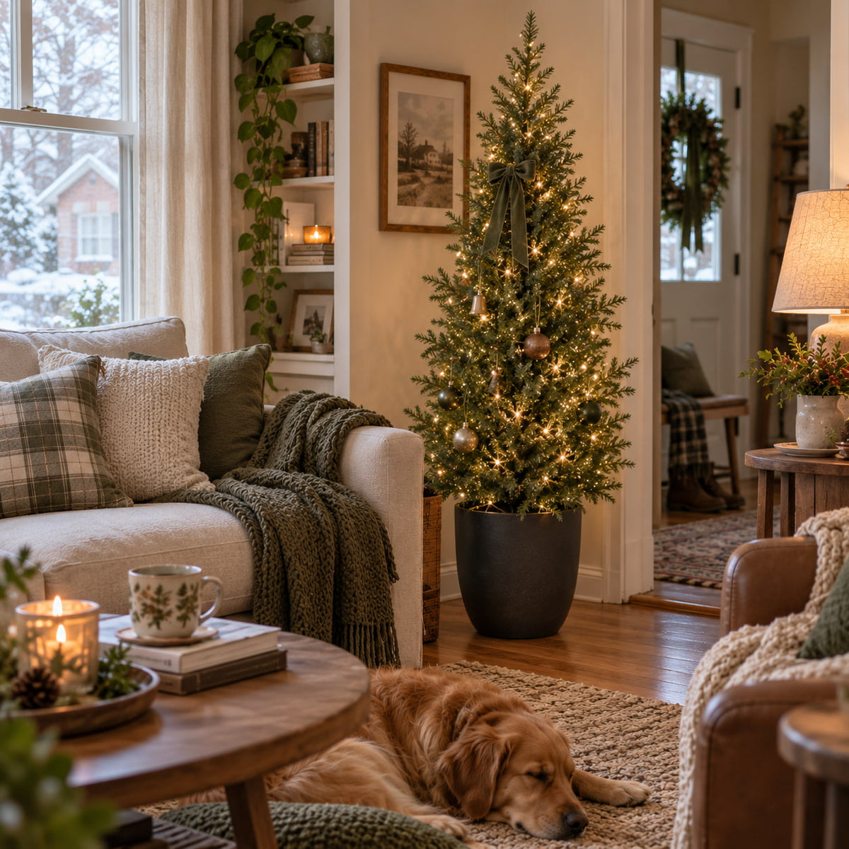 Slim artificial Christmas tree in a cozy living room
