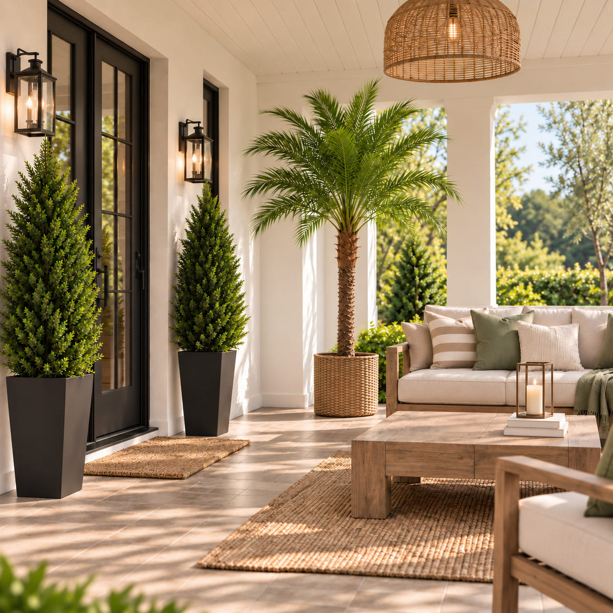 Artificial plants on a covered patio