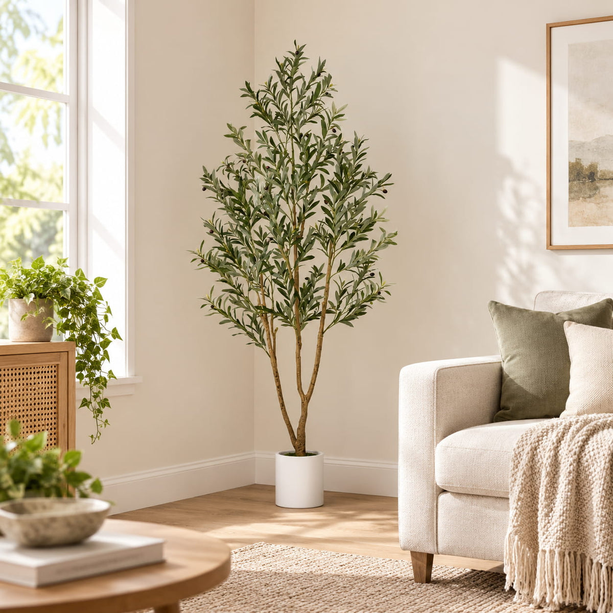Artificial olive tree for a small living room corner