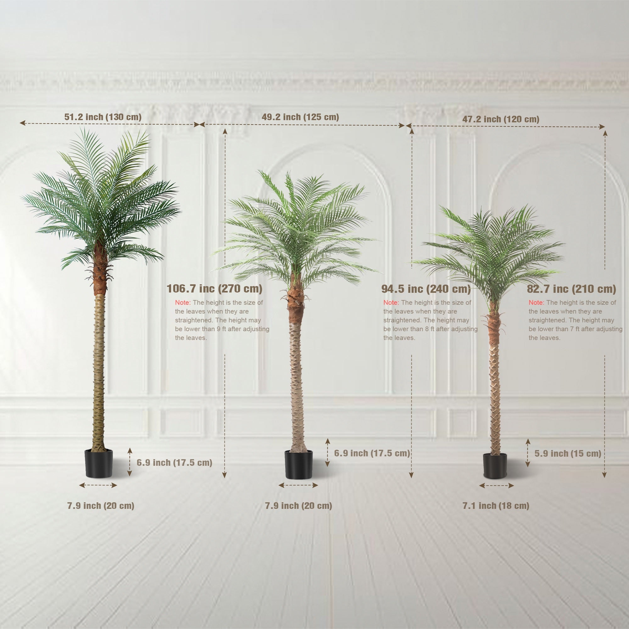 Three artificial palm trees with measurements on a white background
