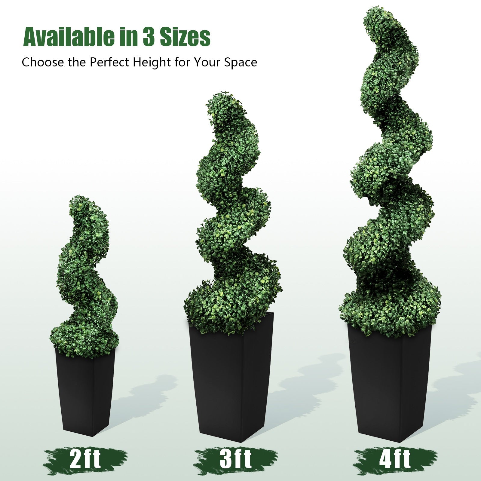 2'-3'-4' Artificial Milan Grass Spiral Topiary Tree With Black Pot