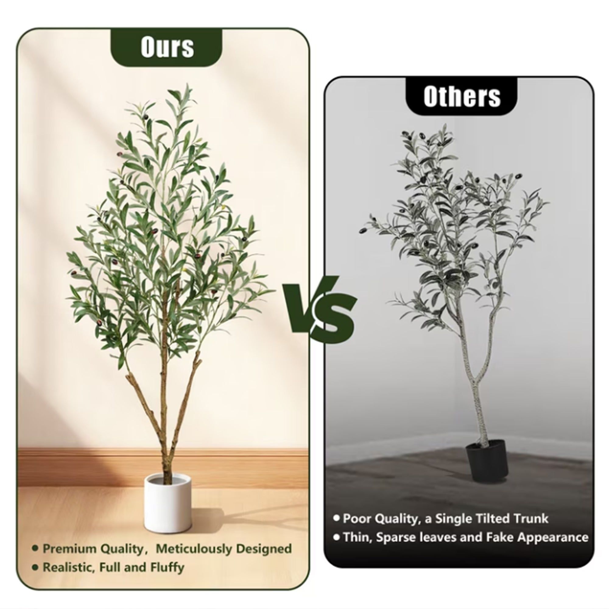 Comparison chart of full realistic artificial olive tree versus poor quality competitors sparse fake tree