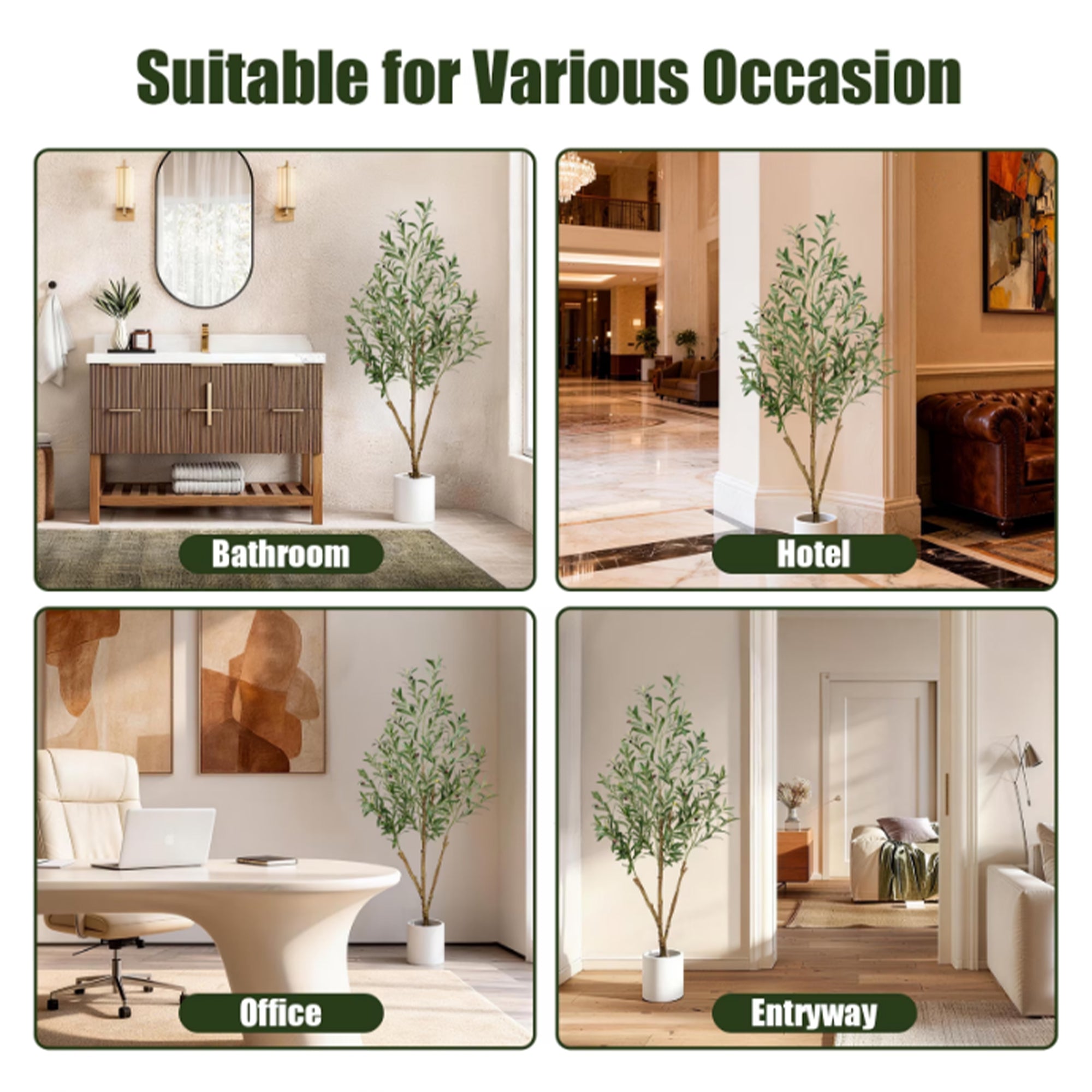 Artificial olive tree decor shown in four indoor settings including bathroom, hotel lobby, office, and entryway