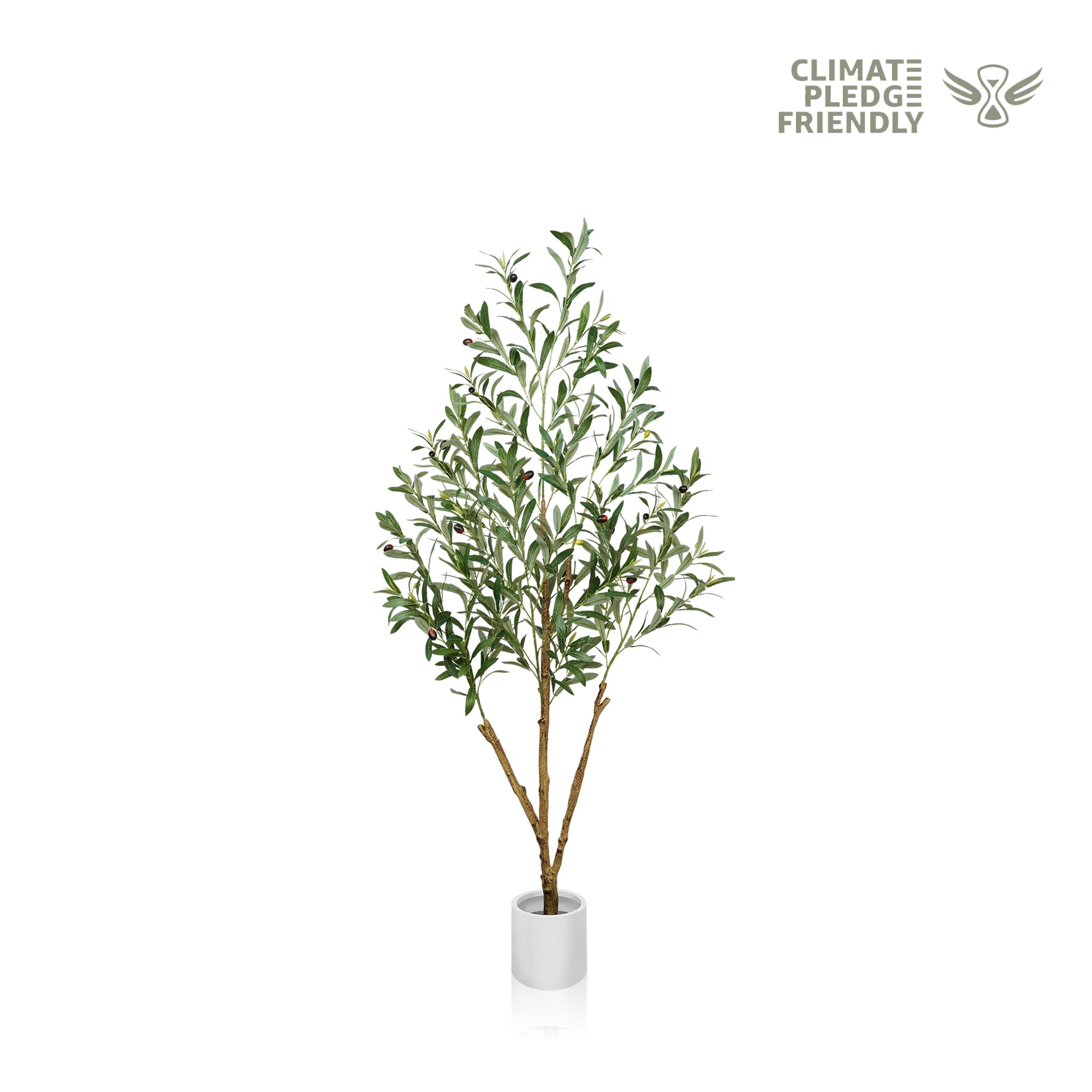 Realistic artificial olive tree with dark green leaves and olives in a white cylindrical pot