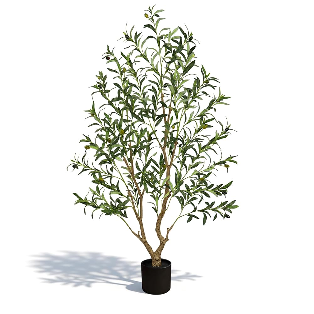 Realistic artificial olive tree with green and dark olives in a minimalist black pot