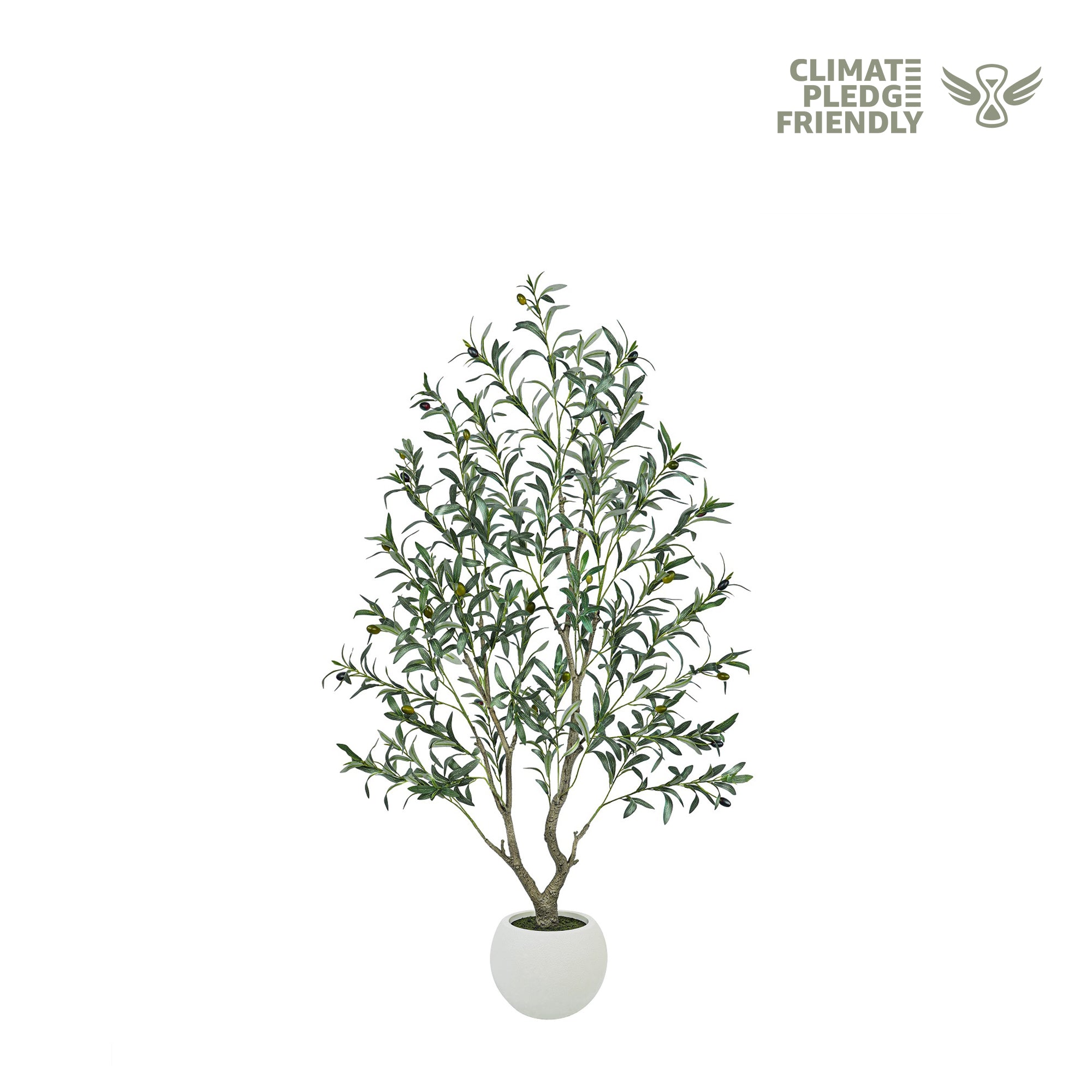 Artificial plant in a white pot on a white background with 'Climate Pledge Friendly' logo.