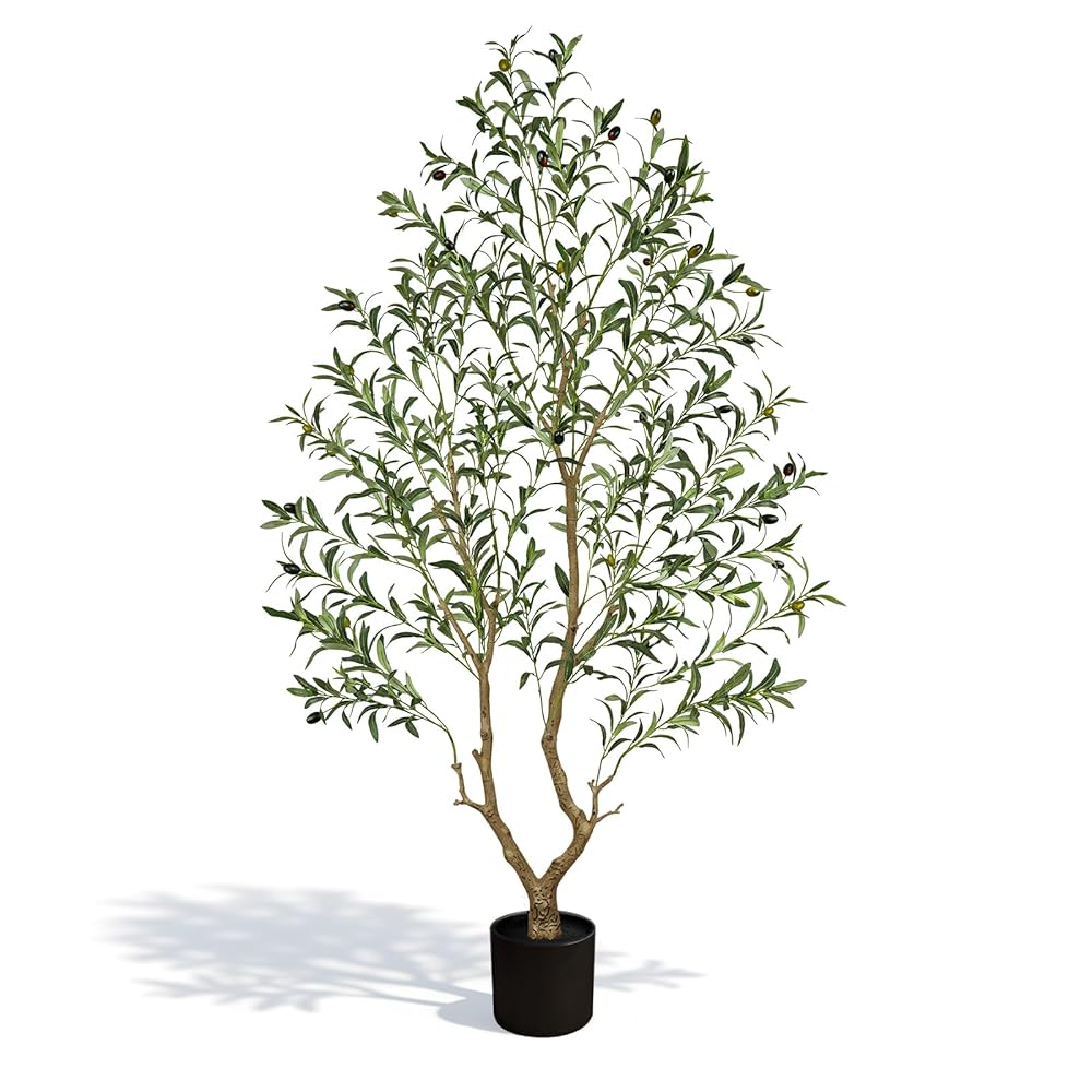 Realistic artificial olive tree with green leaves and dark olives in a minimalist black pot