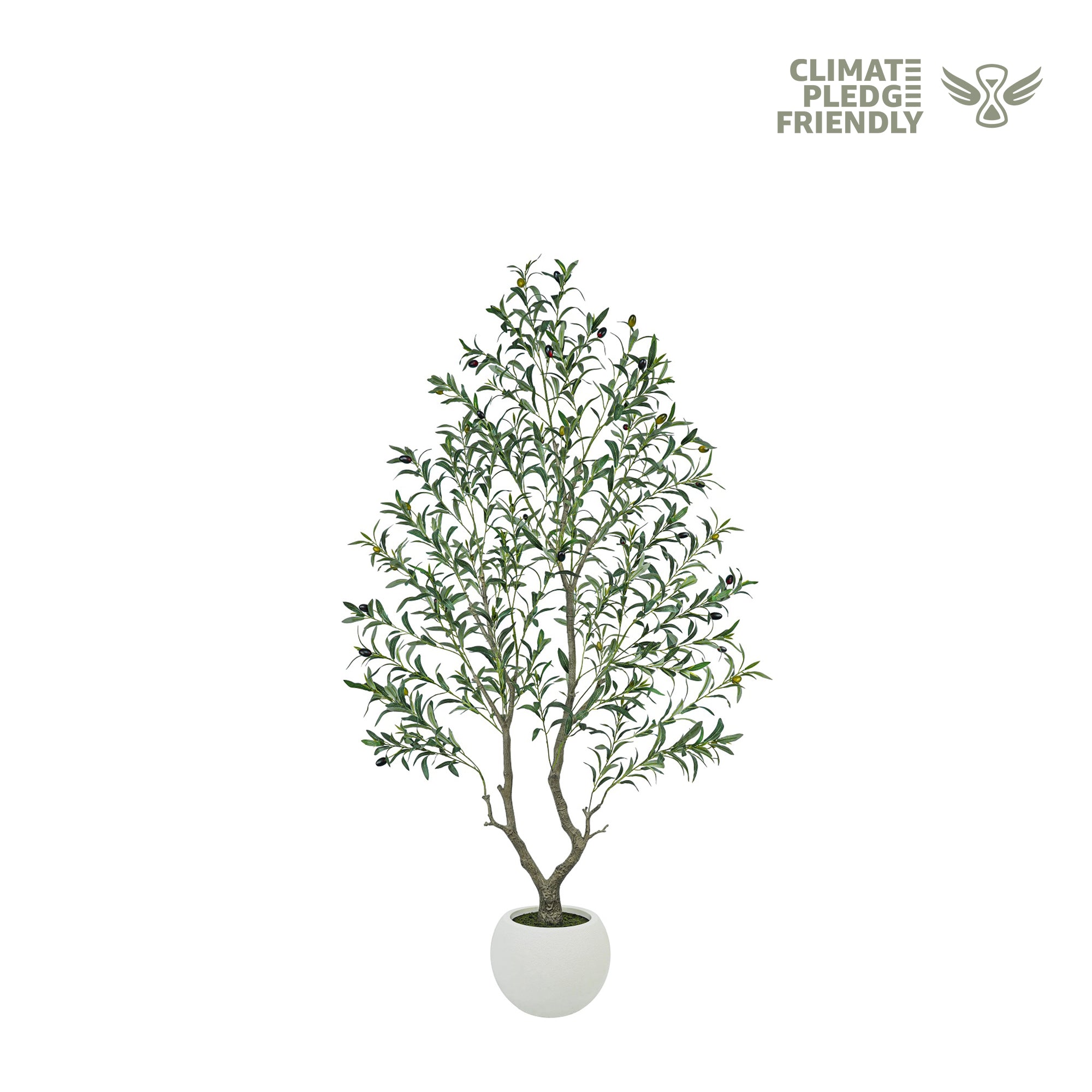 Artificial olive tree in a pot on a white background with 'Climate Pledge Friendly' logo.