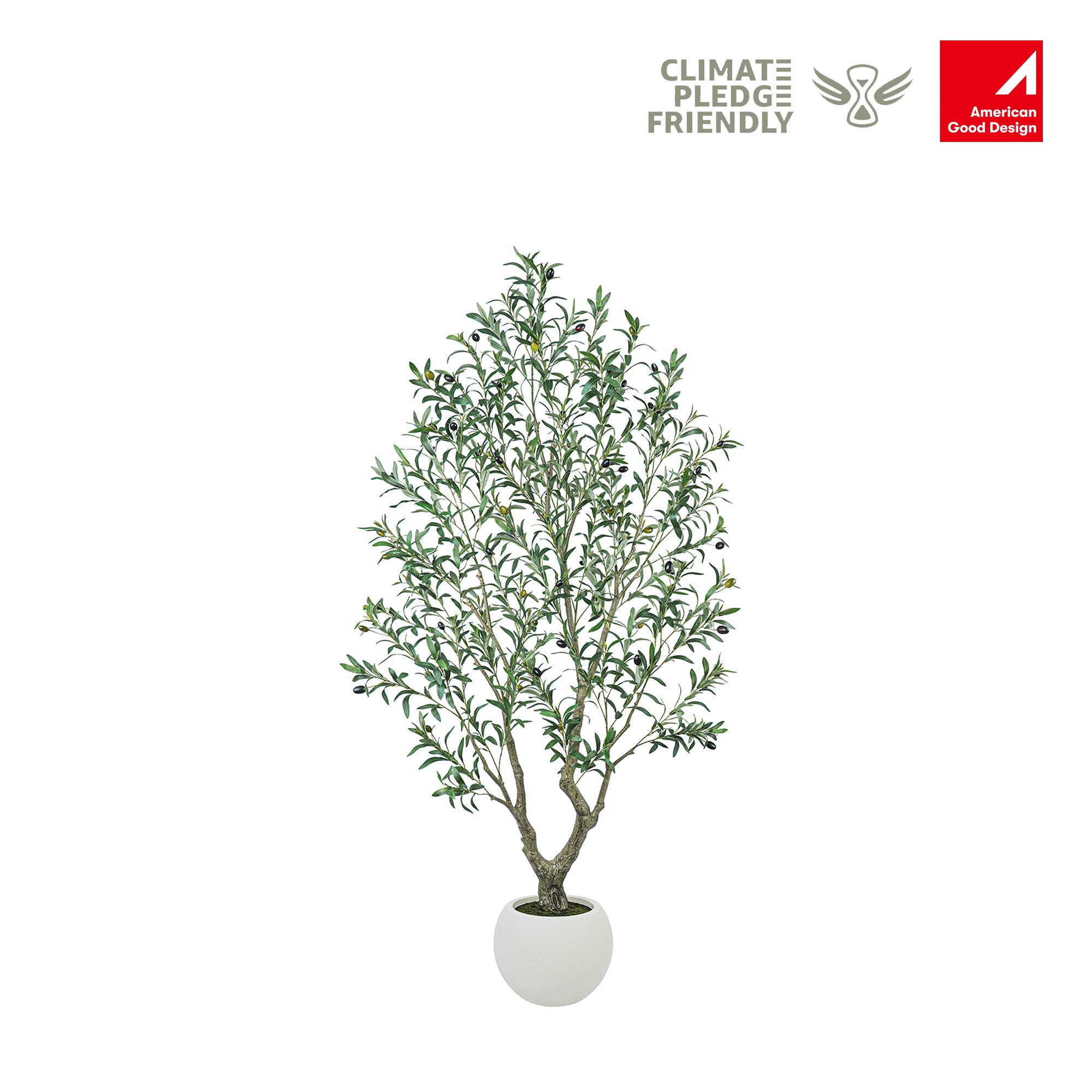 American Good Design winner artificial olive tree plant in a white round pot, Climate Pledge Friendly