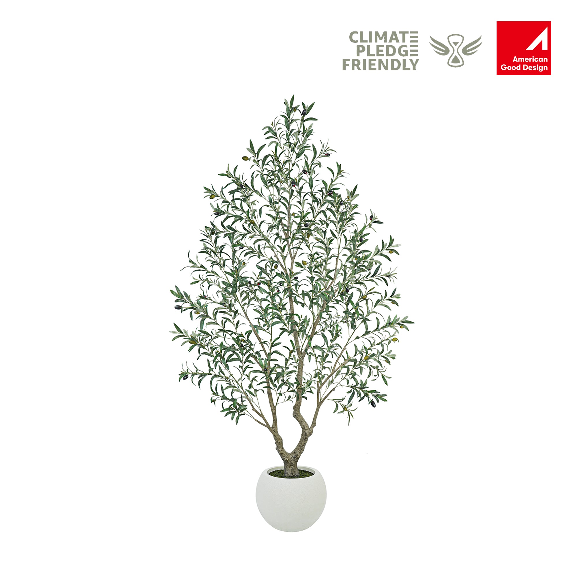 Award-winning realistic artificial olive tree with dense leaves in a modern white round sphere pot