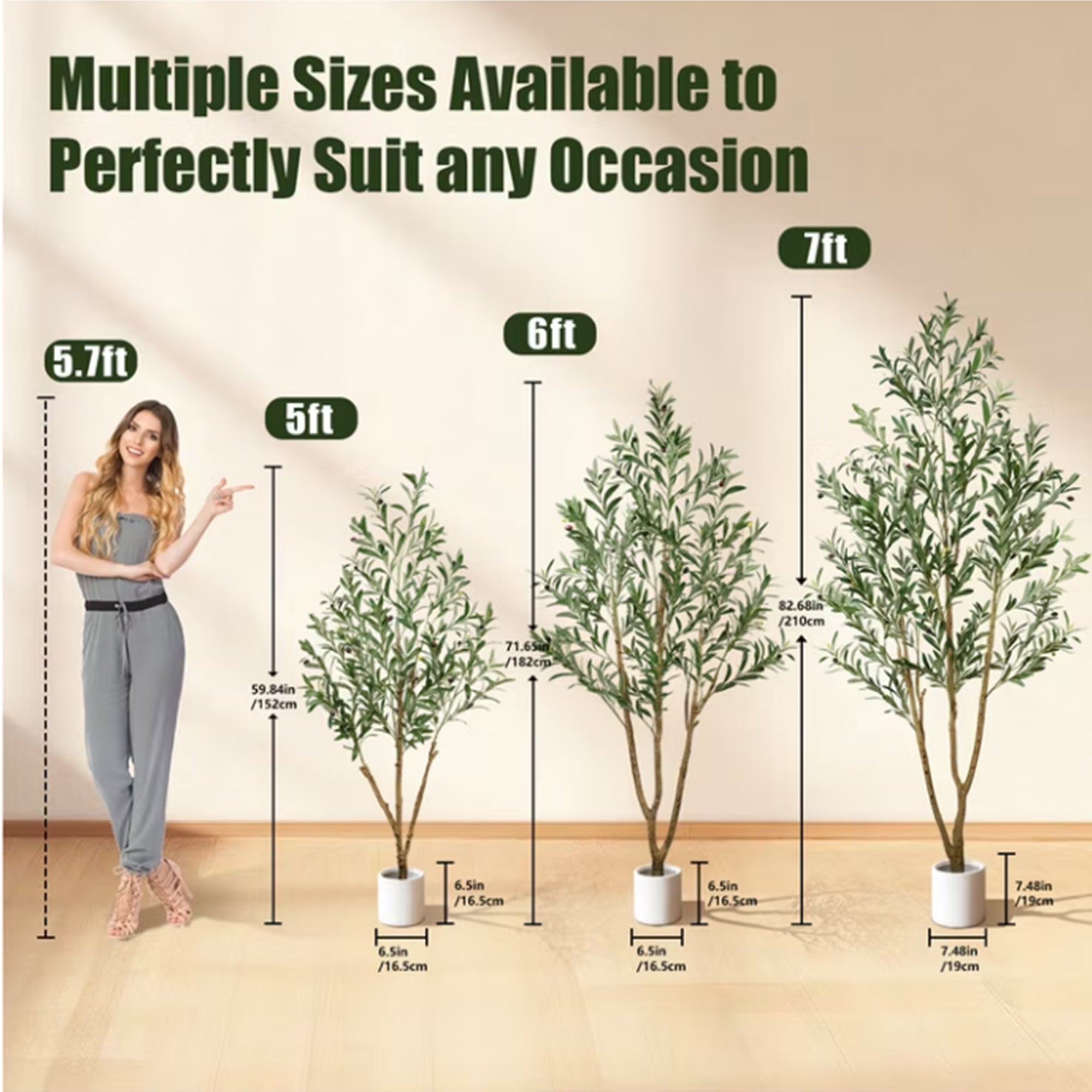 Artificial olive tree size guide comparing 5ft, 6ft, and 7ft height options with pot dimensions