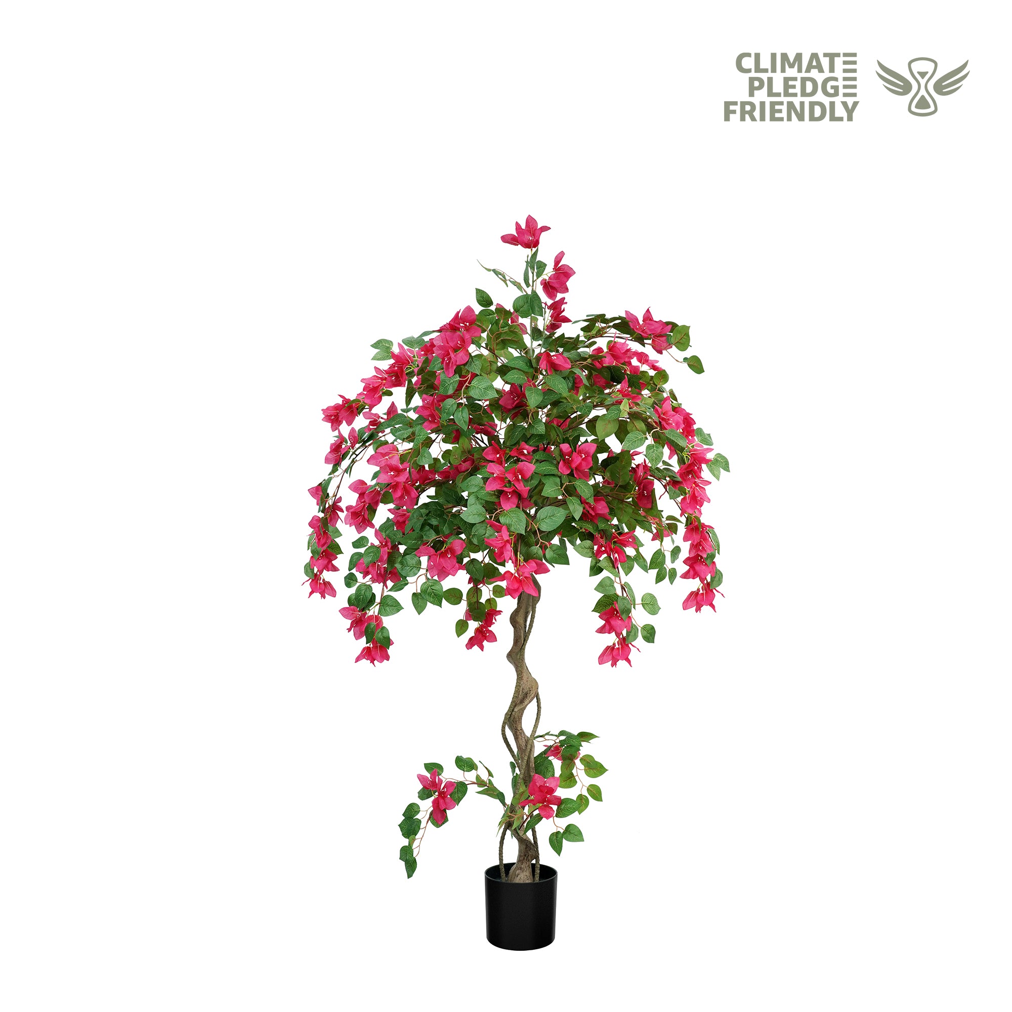 Artificial bougainvillea plant with pink flowers on a white background, featuring the Climate Pledge Friendly logo.
