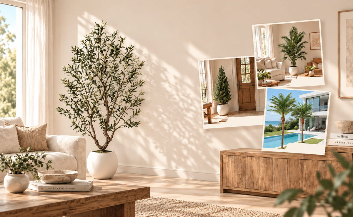 Artificial olive, cedar, and palm trees for home decor inspiration.