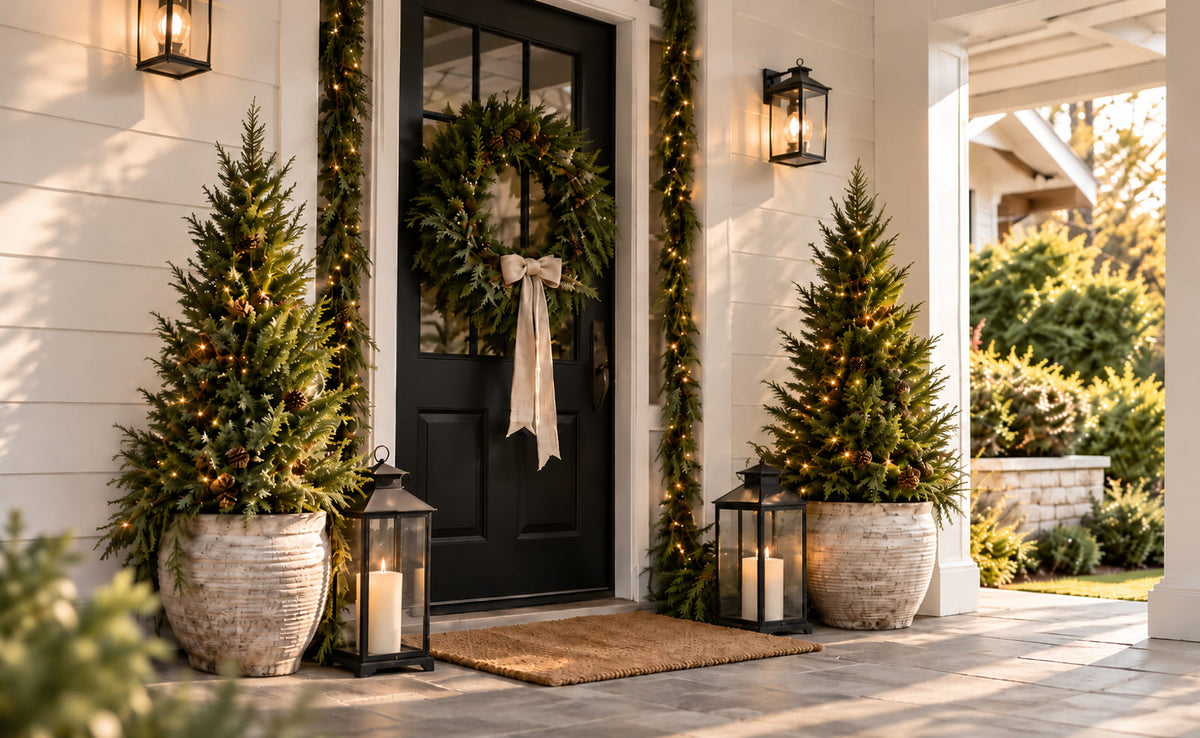 Two artificial Christmas trees with warm lights by a festive front door.