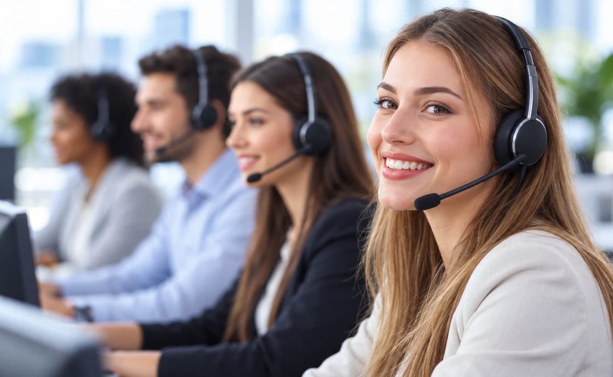 Friendly customer support team wearing headsets.